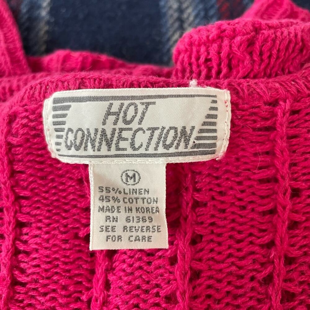 80s Vintage Hot Pink Linen Knit Sweater Bright & Saturated color Flutter Sleeves - Picture 4 of 6